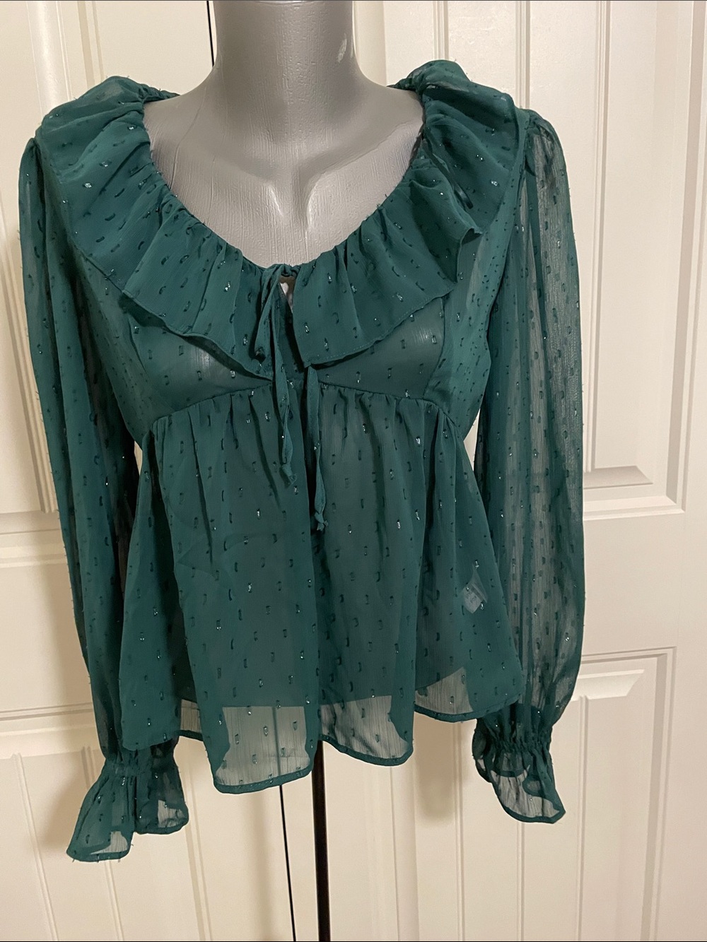 Ruffled Tie-Neck Sheer Blouse - Teal Green